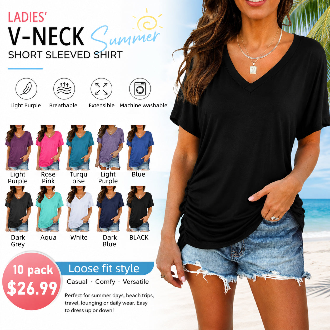 🔥 Women's V-Neck Everyday Tee | Ultra-Soft, Flattering Fit & All-Day Comfort 💖