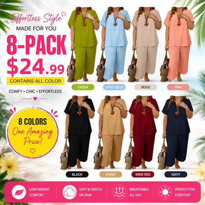 Women's Solid Short Sleeve Top & Loose Wide Leg Pants 2-Piece Set