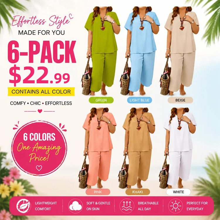 Women's Solid Short Sleeve Top & Loose Wide Leg Pants 2-Piece Set