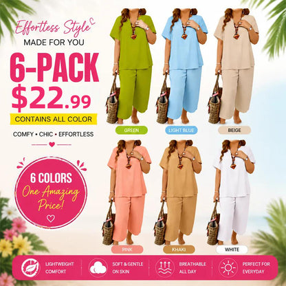 Women's Solid Short Sleeve Top & Loose Wide Leg Pants 2-Piece Set