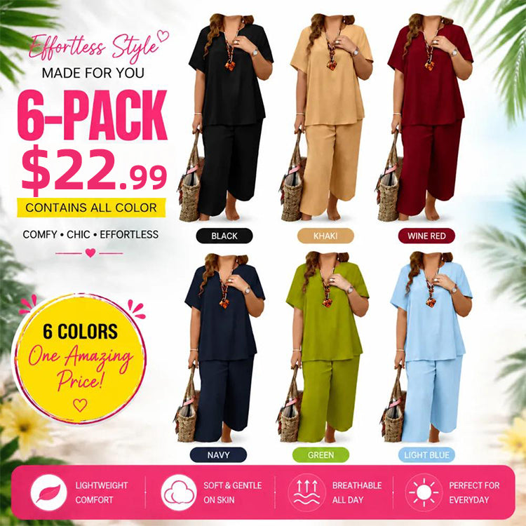 Women's Solid Short Sleeve Top & Loose Wide Leg Pants 2-Piece Set