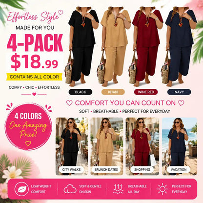 Women's Solid Short Sleeve Top & Loose Wide Leg Pants 2-Piece Set